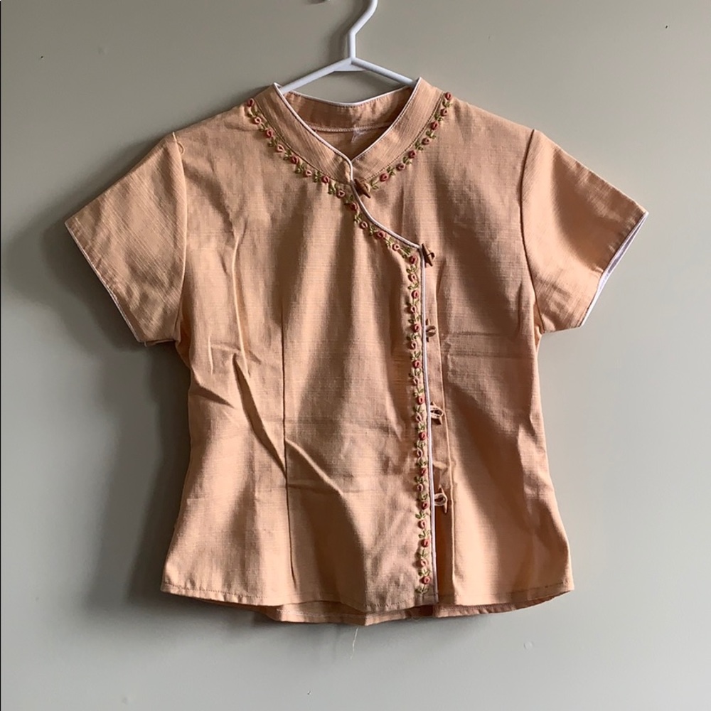 Chinese-Inspired T-shirt Blouse with Mandarin Collar